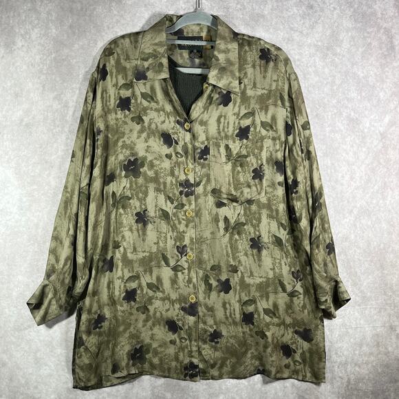 Finity Naturals Shirt Tank Top Set Womens 1X Green Leaf Print Silk Vacation Work - Picture 1 of 14